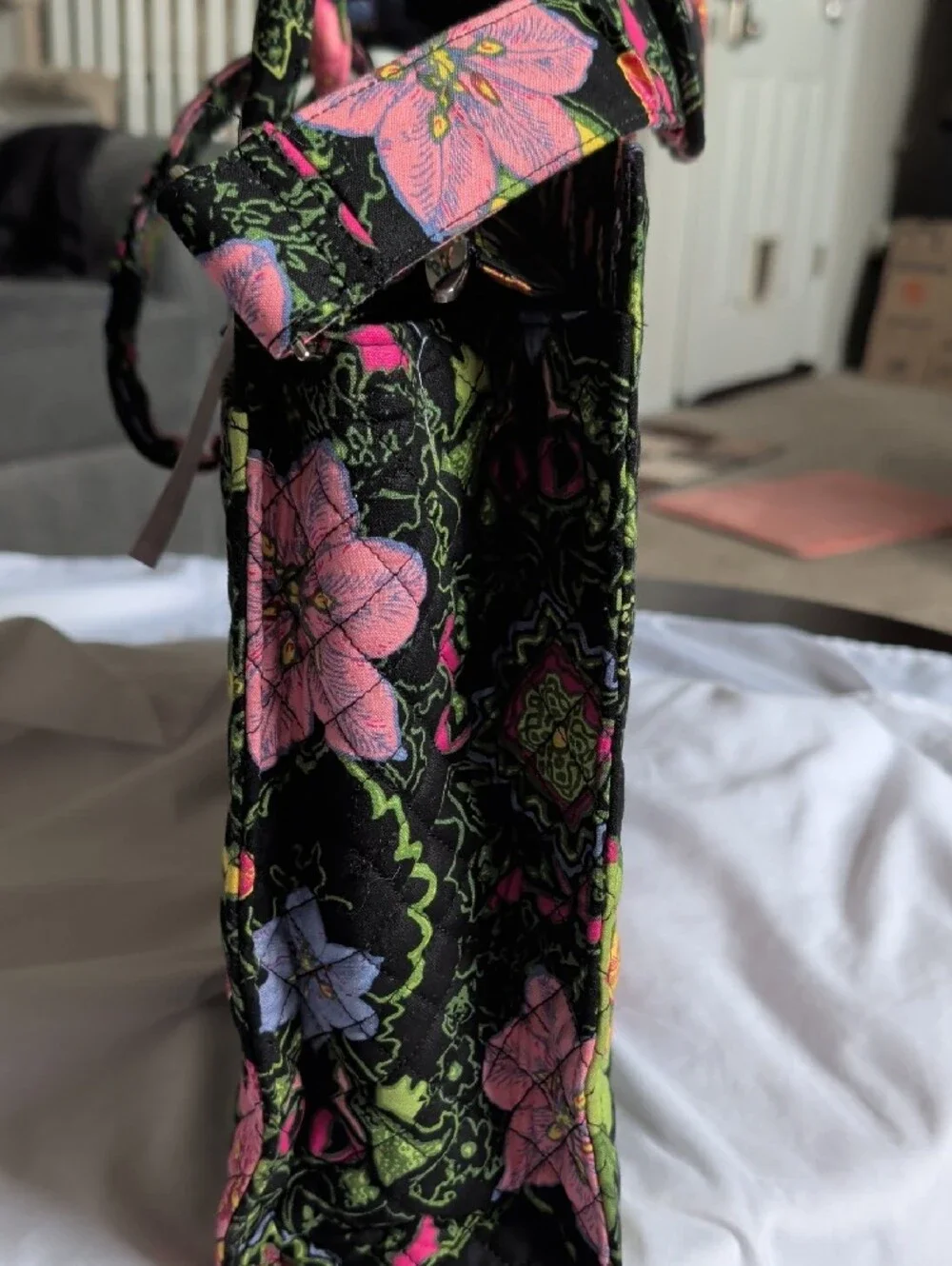 Quilted Floral Tote Bag in Black with Multicolor Accents by Vera Bradley